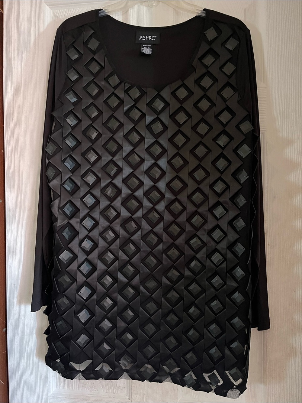 Ashro Black Geometric Ribbon Woven Textured Tunic Blouse Top Size XL